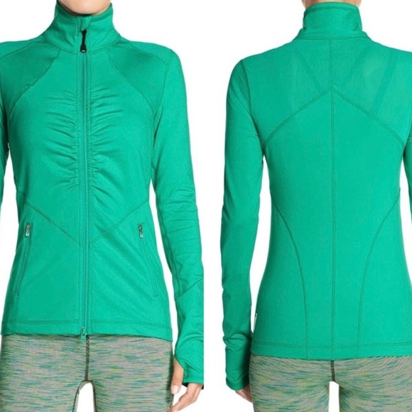 Zella Kelly Green Ruched Full Zip Athletic Jacket Zipped Pockets Size Medium - Picture 1 of 13